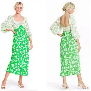 RIXO x Target Colab Green White Floral YTK Midi Dress Peasant Cottagecore Boho 0